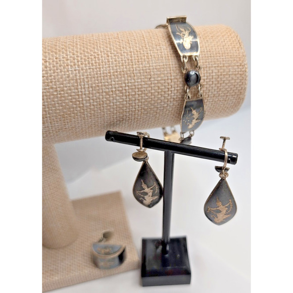 VTG SIAM 925 Sterling Silver Dancers Set: Bracelet & Screwback Earrings +1 - Picture 2 of 16